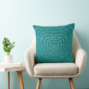 Coussin Turquoise Bleu Concentré Coeurs Blancs Boho