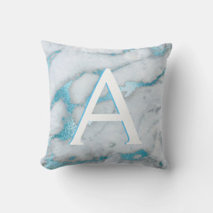 Coussin Turquoise bleu et Marbre blanc Monogramme initial