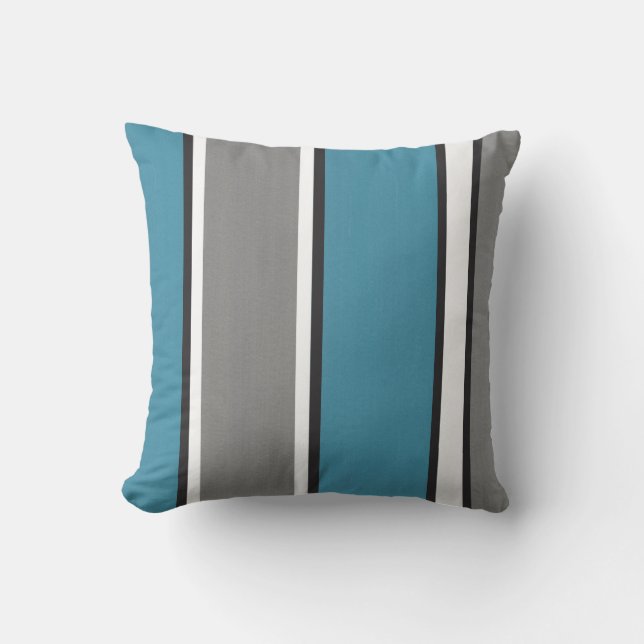 Coussin Turquoise bleu gris noir blanc rayé moderne (Recto)