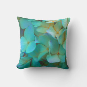 Coussin Turquoise bleu jaune rose hydrangée fleurs florale