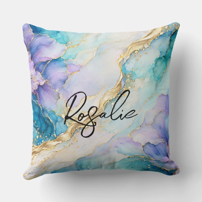 Coussin Turquoise Bleu Marbre Floral Abstrait Or  (Verso)