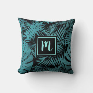 Coussin Turquoise bleu monogramme tropical feuille de palm