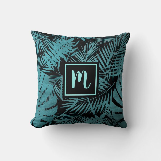 Coussin Turquoise bleu monogramme tropical feuille de palm (Recto)