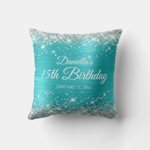 Coussin Turquoise Bleu Pailleté Argent 15e Anniversaire