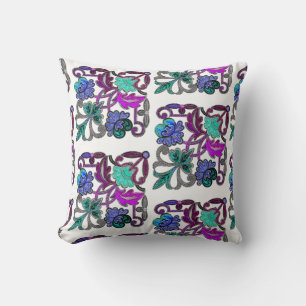 COUSSIN TURQUOISE BLEU PURPLE BLANC FLEURS VINTAGES DE LAC