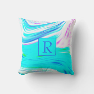 Coussin Turquoise bleu rose blanc Abstrait ondulé Monogram