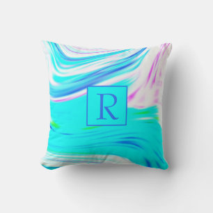 Coussin Turquoise Bleu Rose Blanc Abstrait Vagues Monogram