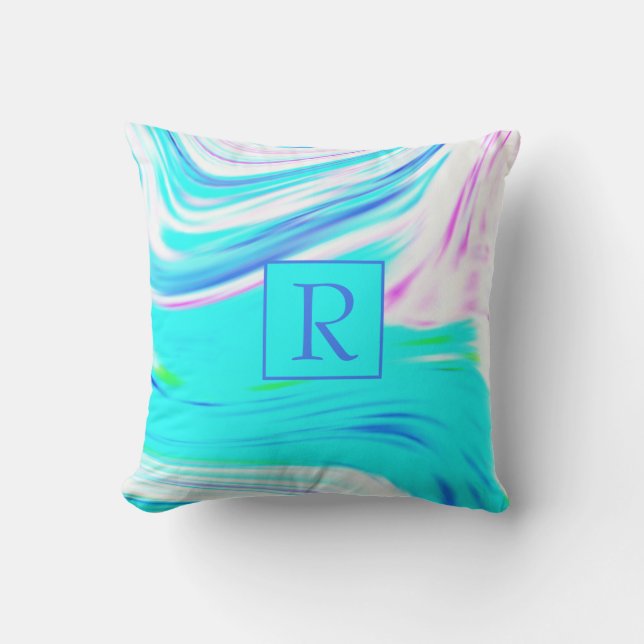 Coussin Turquoise Bleu Rose Blanc Abstrait Vagues Monogram (Recto)