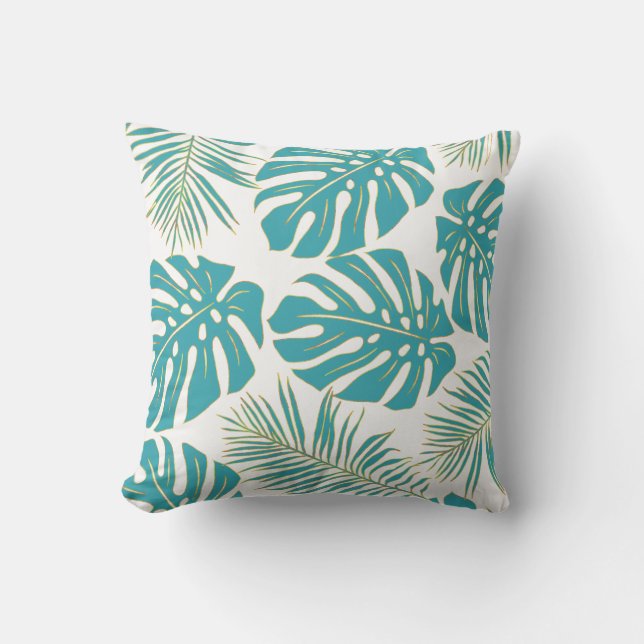 Coussin Turquoise bleu tropical monstère feuille motif (Recto)