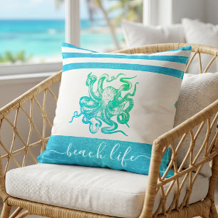 Coussin Turquoise bleu vert poulpe plage vie scénario