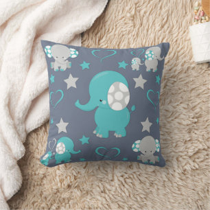 Coussin Turquoise Blue and Grey Baby Elephants Motif Impri