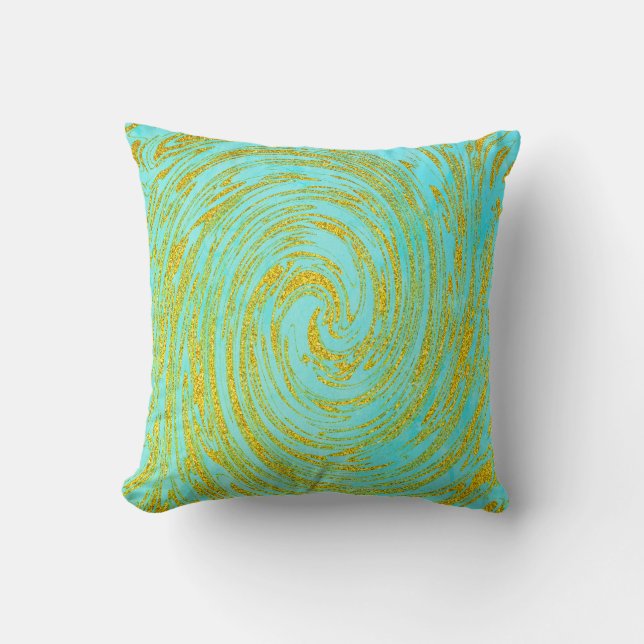 Coussin Turquoise Blue Green Swirl Abstrait Gold Golden Pa (Recto)