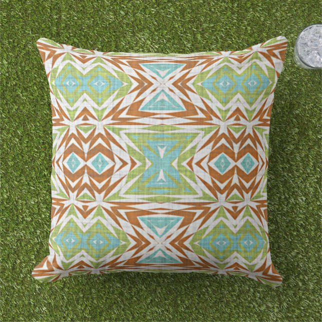 Coussin Turquoise Blue Lime Green Orange White Tribal Art (Herbe)