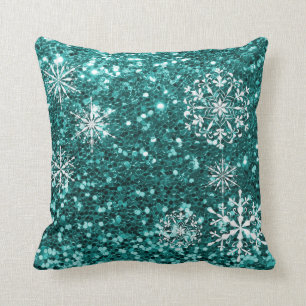 Coussin Turquoise Blue Snowflake Parties scintillant Noël