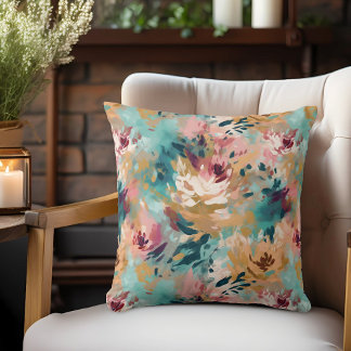 Coussin Turquoise Brown peinture Abstraite motif floral