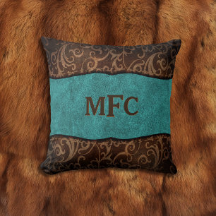 Coussin Turquoise Brown Vieux Monde Végétal Monogramme en
