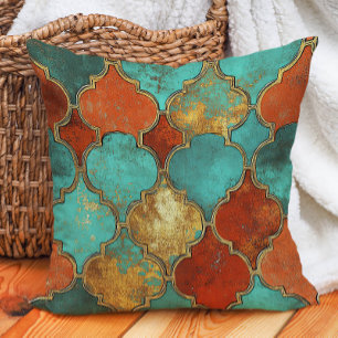 Coussin Turquoise Brûlé Orange Maroc Quatrefoil