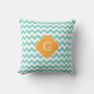 Coussin Turquoise Chevron Blanc Melon Quatrefeuille Monogr