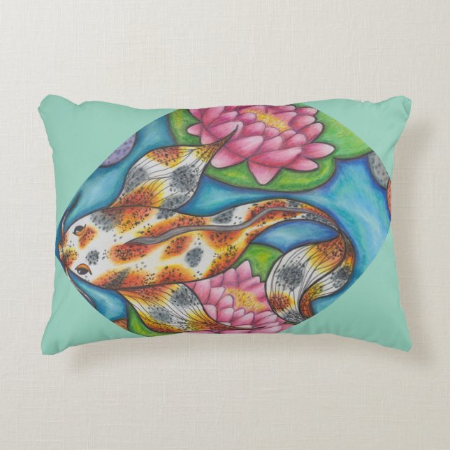 Coussin Turquoise clair avec Koi Fish et Lotus Art (Devant)