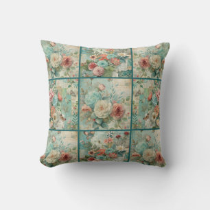 Coussin Turquoise Cottagecore Vintage Floral Quilt Motif
