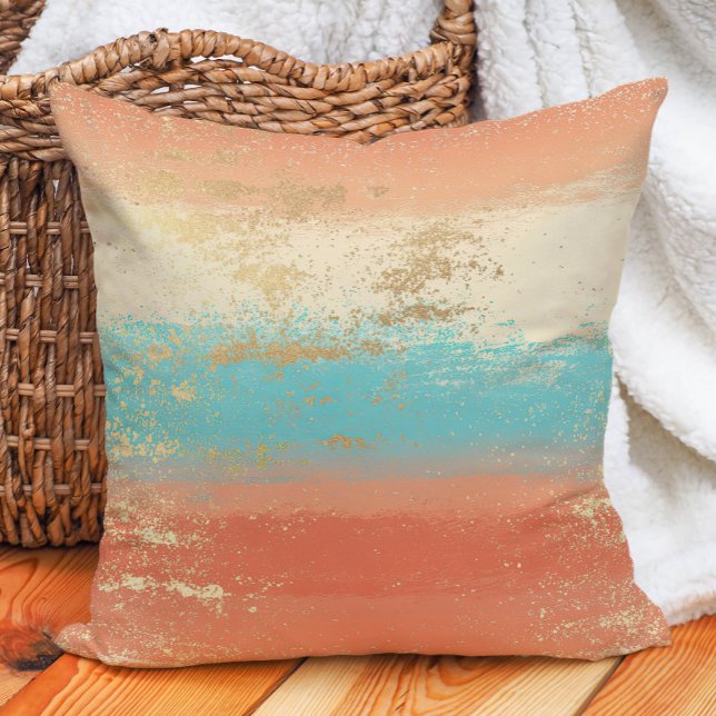 Coussin Turquoise Crème Corail Or Bohème Côtière (Turquoise Cream Coral Gold Boho Coastal Throw Pillow)