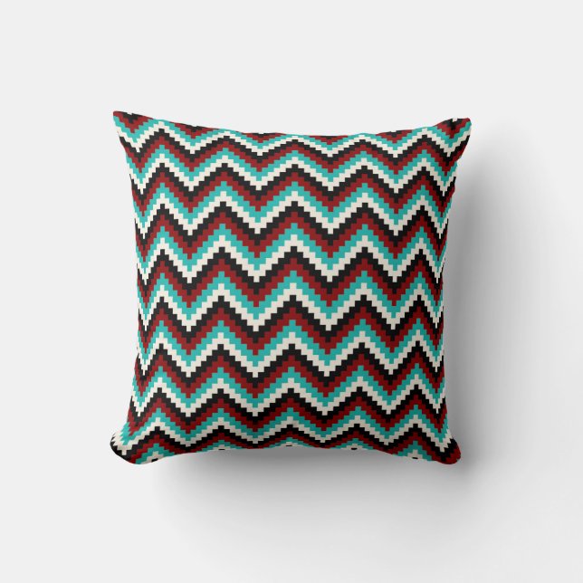 Coussin Turquoise de rouge de noir de motif de Chevron de (Recto)