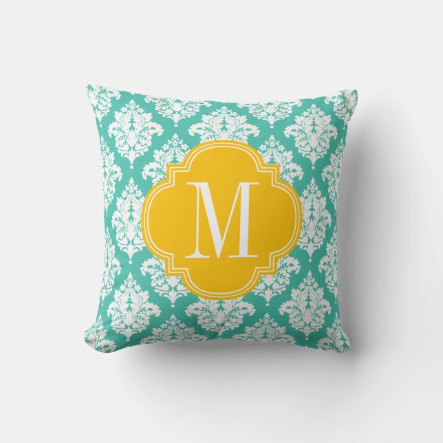 Coussin Turquoise élégante de damassé et Monogramm fait (Recto)