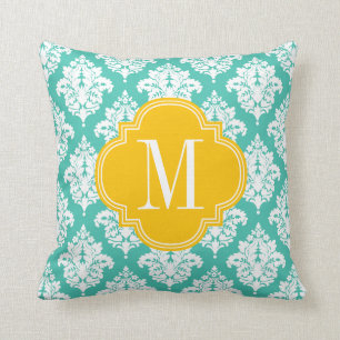 Coussin Turquoise élégante de damassé et Monogramm fait