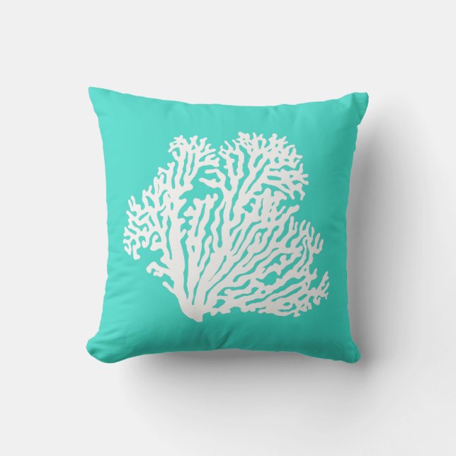 Coussin Turquoise et corail côtier blanc de décor (Recto)