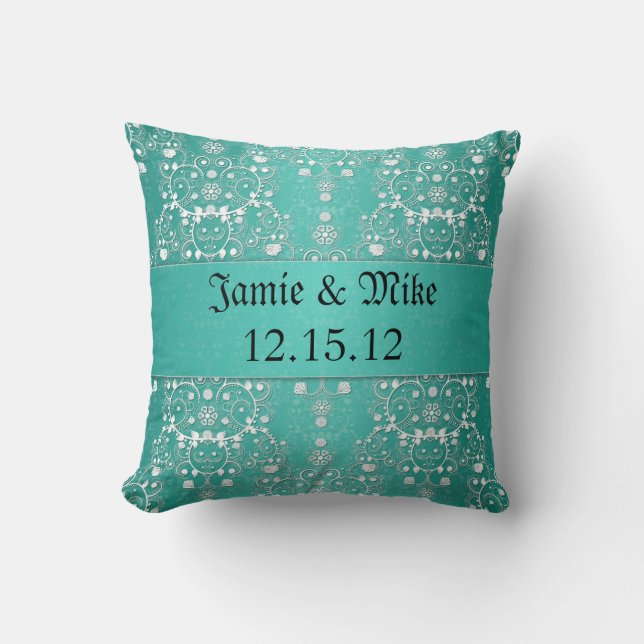 Coussin Turquoise et damas floral blanc (Recto)