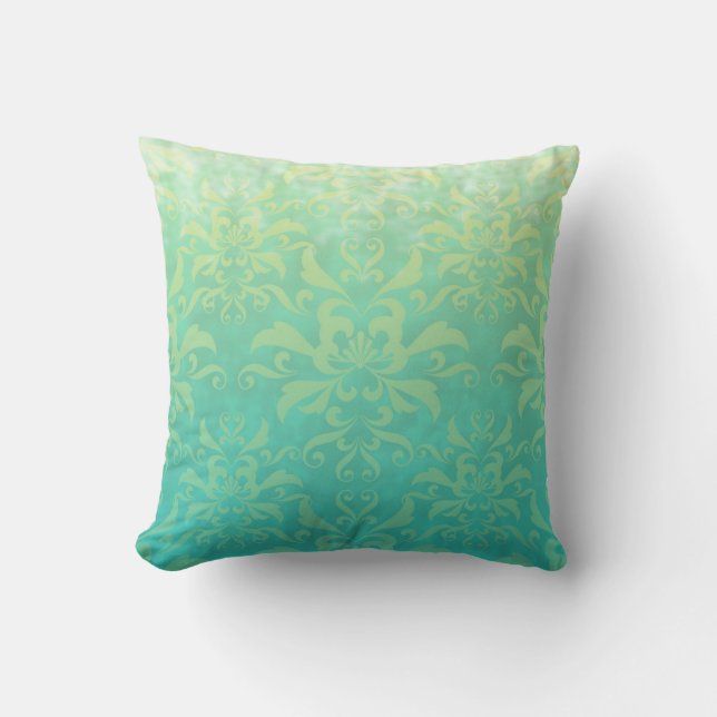 Coussin Turquoise et Damassé Jaune Pâle (Recto)