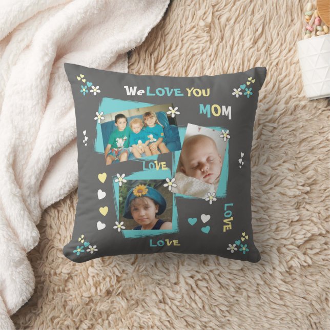 Coussin Turquoise et gris avec des coeurs de fleurs et des (Couverture)