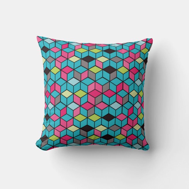 Coussin Turquoise et motif rose de cube (Recto)