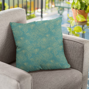 Coussin Turquoise et or abstrait motif floral moderne chic