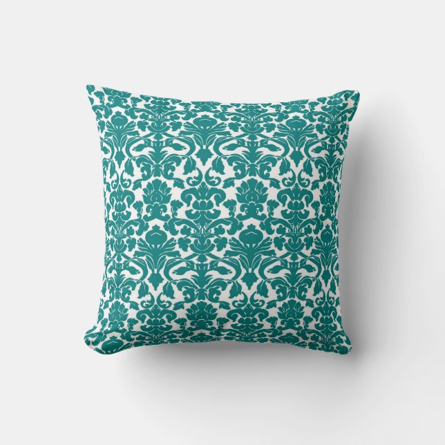 Coussin turquoise floral vintage de damassé (Recto)