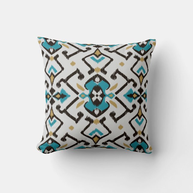 Coussin Turquoise géométrique chic noir ikat motif tribal (Recto)