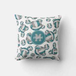 Coussin turquoise gris blanc girly volleyballs motif