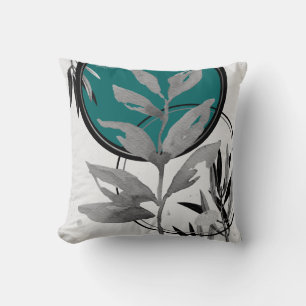 Coussin Turquoise gris et noir Abstrait feuille d'aquarell