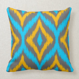 Coussin Turquoise & Jaune & Gris Quatrefoil Ikat Motif