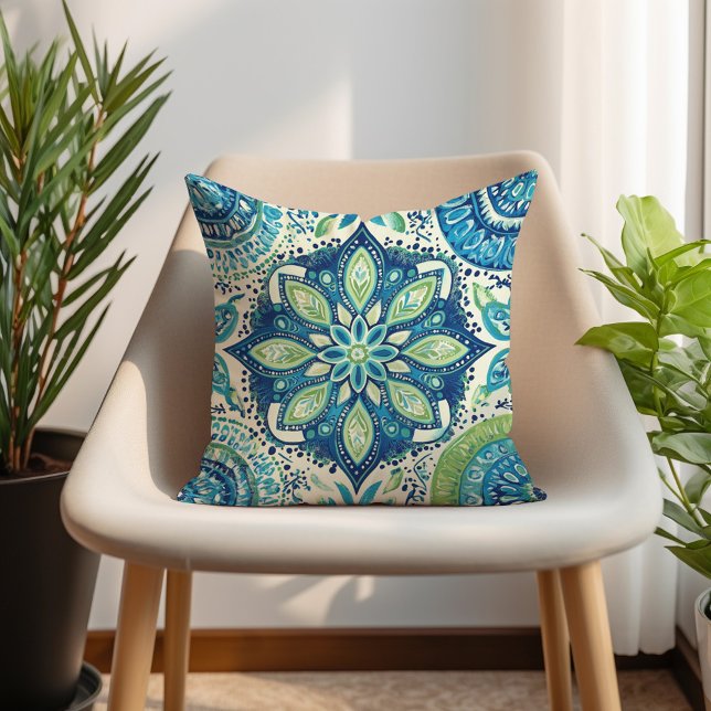 Coussin Turquoise Navy Lime Mandela Boho (Teal Navy Lime Mandela Boho Throw Pillow)