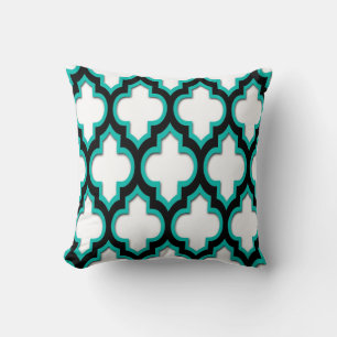 Coussin Turquoise Noir Blanc Motif Quatrefoil Marocain #4D