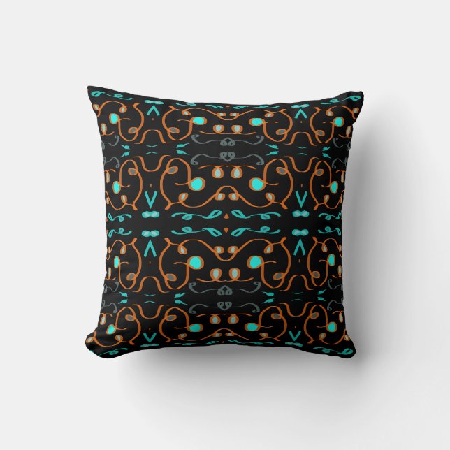 Coussin Turquoise Noir Brun Orné  (Recto)