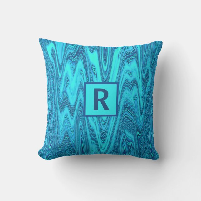 Coussin Turquoise Océan Bleu Vague Initiales Abstraites Mo (Recto)