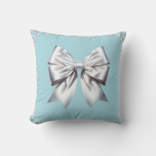Coussin Turquoise Œuf de Rouge-gorge Bleu Grand Nœud Blanc
