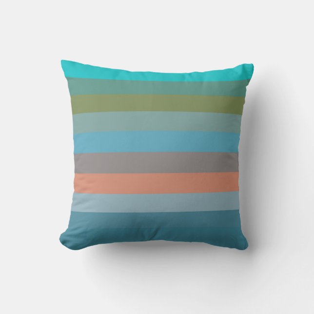 Coussin Turquoise, Olive, Corail, Bleu, Rayures Taupe (Recto)
