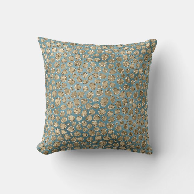 Coussin Turquoise or bleu vert brillant Empreinte de léopa (Recto)