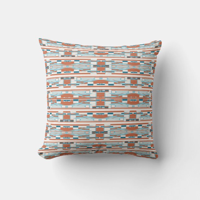 Coussin Turquoise Orange Blanc Méditerranéen Rangées Mince (Recto)