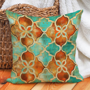Coussin Turquoise Orange Brûlé Carreau Marocain Boho 