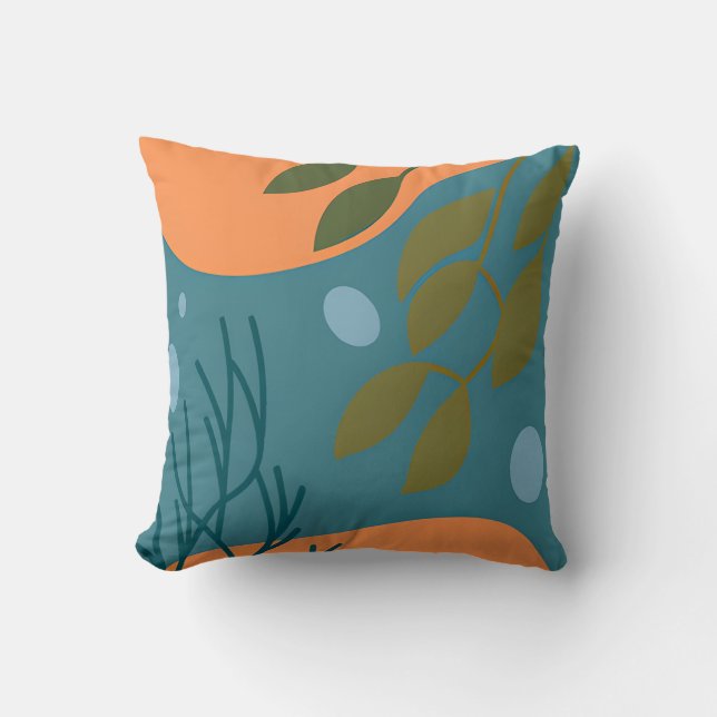 Coussin Turquoise Orange Nature du milieu du siècle (Recto)