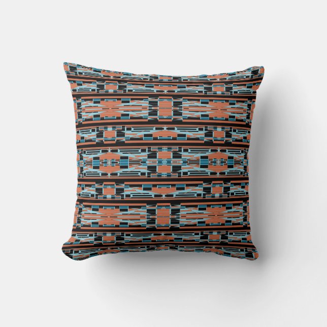 Coussin Turquoise Orange Noir Méditerranéen Lignes Minces (Recto)